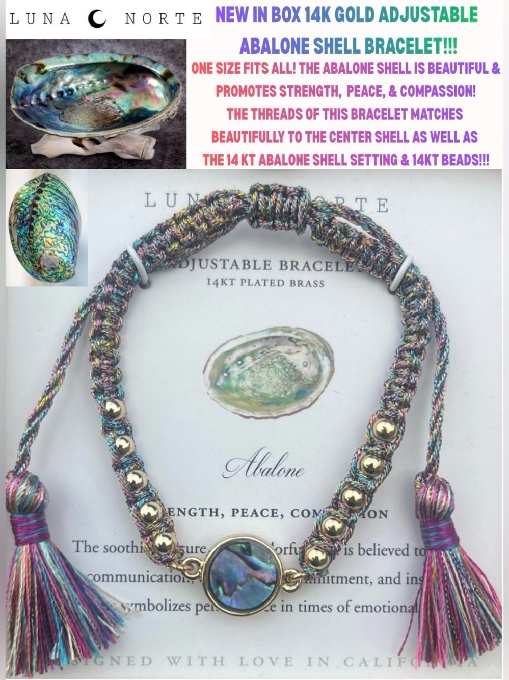 NIB LUNA NORTE 14K GOLD ADJUSTABLE ABALONE SHELL BRACELET! AMAZING! CUTE BOX!